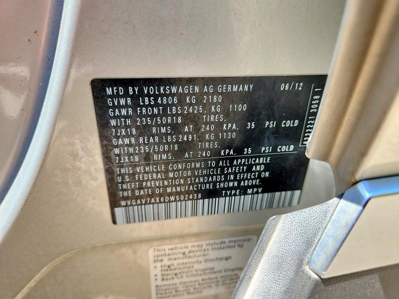 2013 Volkswagen Tiguan მანქანა იყიდება აუქციონზე, vin: WVGAV7AX6DW502438, აუქციონის ნომერი: 55944036
