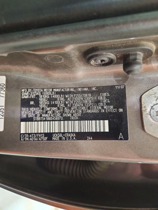 2008 Toyota Tundra მანქანა იყიდება აუქციონზე, vin: 5TBBT54188S458970, აუქციონის ნომერი: 56685796