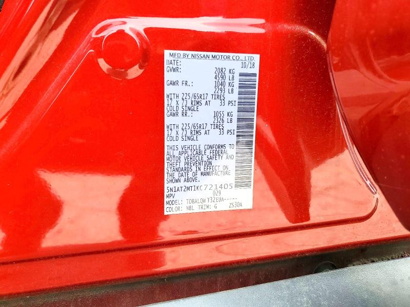 56168656 :رقم المزاد ، 5N1AT2MT1KC721405 vin ، 2019 Nissan Rogue مزاد بيع