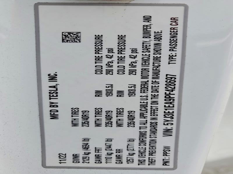 2023 Tesla Model 3 მანქანა იყიდება აუქციონზე, vin: 5YJ3E1EA9PF428697, აუქციონის ნომერი: 58415896