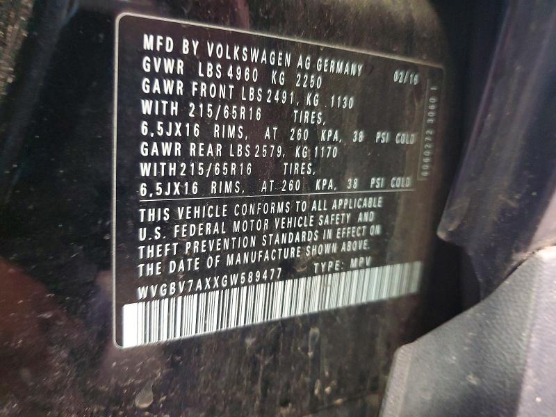 58917686 :رقم المزاد ، WVGBV7AXXGW589477 vin ، 2016 Volkswagen Tiguan مزاد بيع
