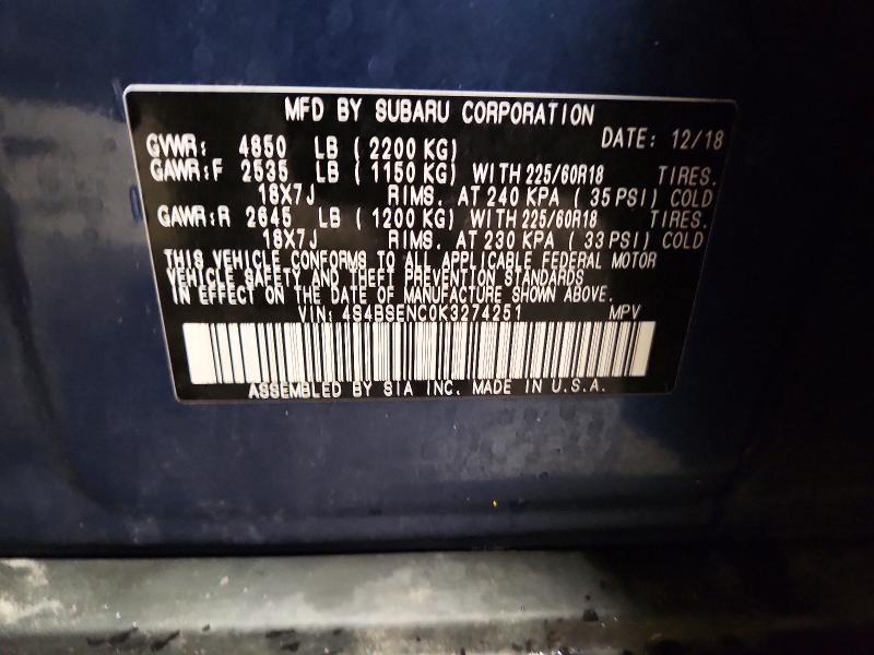 2019 Subaru Outback მანქანა იყიდება აუქციონზე, vin: 4S4BSENC0K3274251, აუქციონის ნომერი: 57834256
