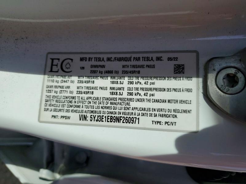 56085076 :رقم المزاد ، 5YJ3E1EB9NF260971 vin ، 2022 Tesla Model 3 مزاد بيع