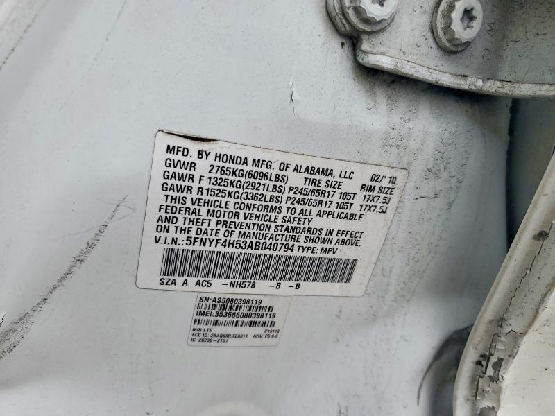 2010 Honda Pilot მანქანა იყიდება აუქციონზე, vin: 5FNYF4H53AB040794, აუქციონის ნომერი: 58369636
