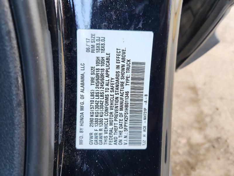 58588706 :رقم المزاد ، 5FPYK2F51HB011346 vin ، 2017 Honda Ridgeline مزاد بيع