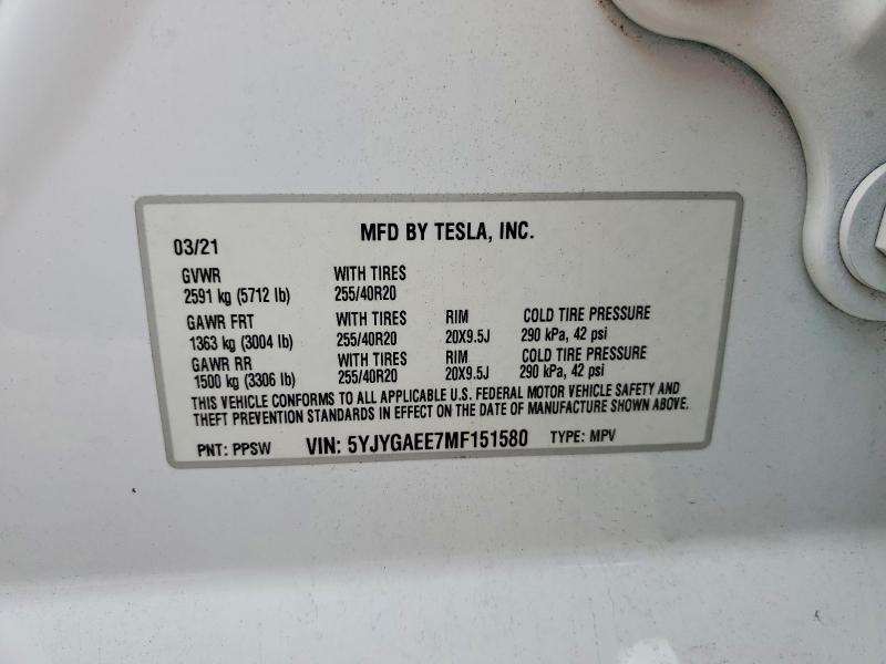 Aukcja sprzedaży 2021 Tesla Model Y, vin: 5YJYGAEE7MF151580, numer aukcji: 56852086