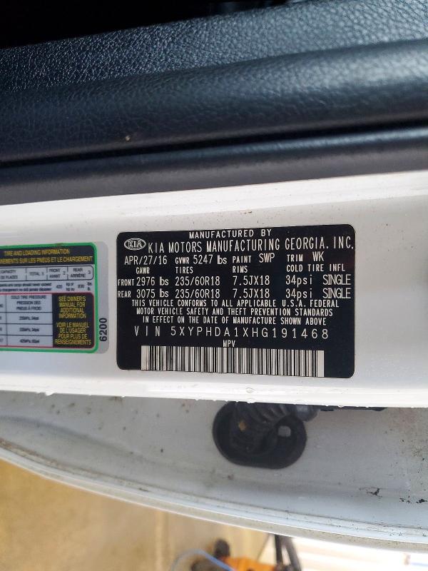 57294786 :رقم المزاد ، 5XYPHDA1XHG191468 vin ، 2017 Kia Sorento مزاد بيع