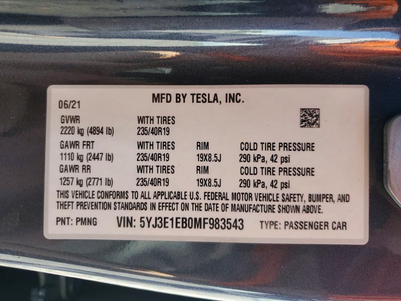 Aukcja sprzedaży 2021 Tesla Model 3, vin: 5YJ3E1EB0MF983543, numer aukcji: 57238606