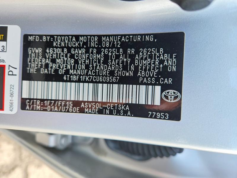 57471736 :رقم المزاد ، 4T1BF1FK7CU609567 vin ، 2012 Toyota Camry مزاد بيع