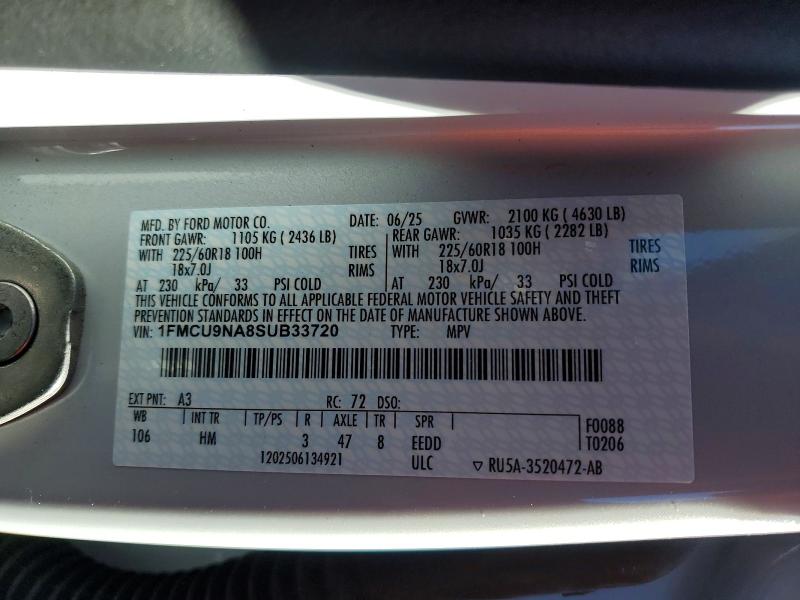 Продаж на аукціоні авто 2025 Ford Escape, vin: 1FMCU9NA8SUB33720, номер лоту: 57555936