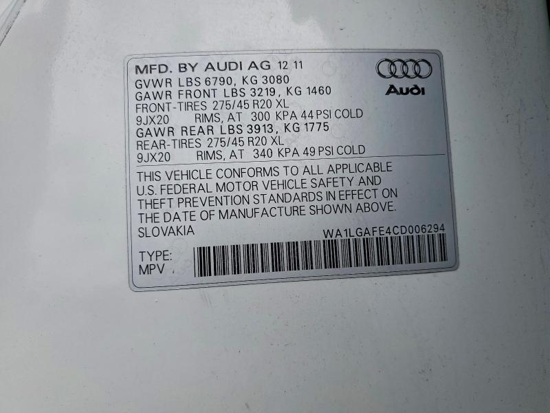 Aukcja sprzedaży 2012 Audi Q7, vin: WA1LGAFE4CD006294, numer aukcji: 56355296