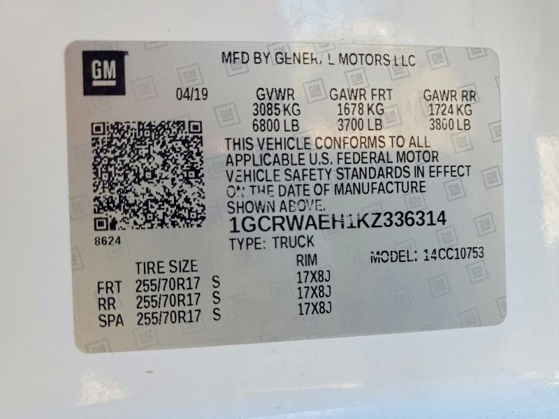 2019 Chevrolet Silverado მანქანა იყიდება აუქციონზე, vin: 1GCRWAEH1KZ336314, აუქციონის ნომერი: 57145146