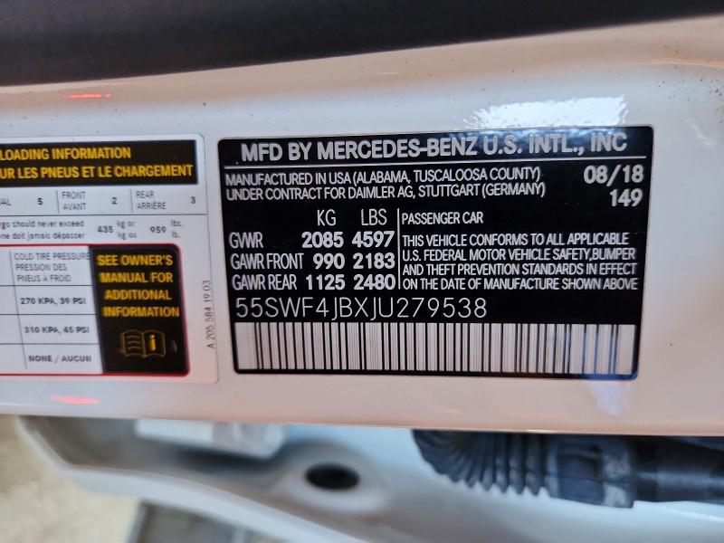 57886496 :رقم المزاد ، 55SWF4JBXJU279538 vin ، 2018 Mercedes-benz C مزاد بيع