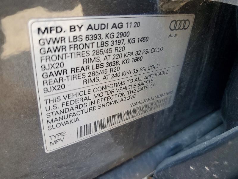 2021 Audi Q7 მანქანა იყიდება აუქციონზე, vin: WA1LJAF72MD021655, აუქციონის ნომერი: 56654556