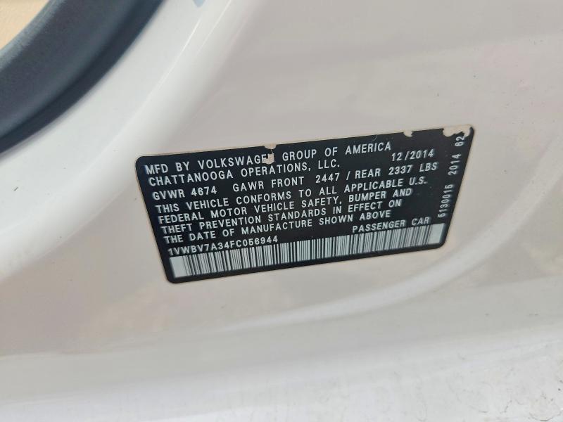 56934126 :رقم المزاد ، 1VWBV7A34FC056944 vin ، 2015 Volkswagen Passat مزاد بيع