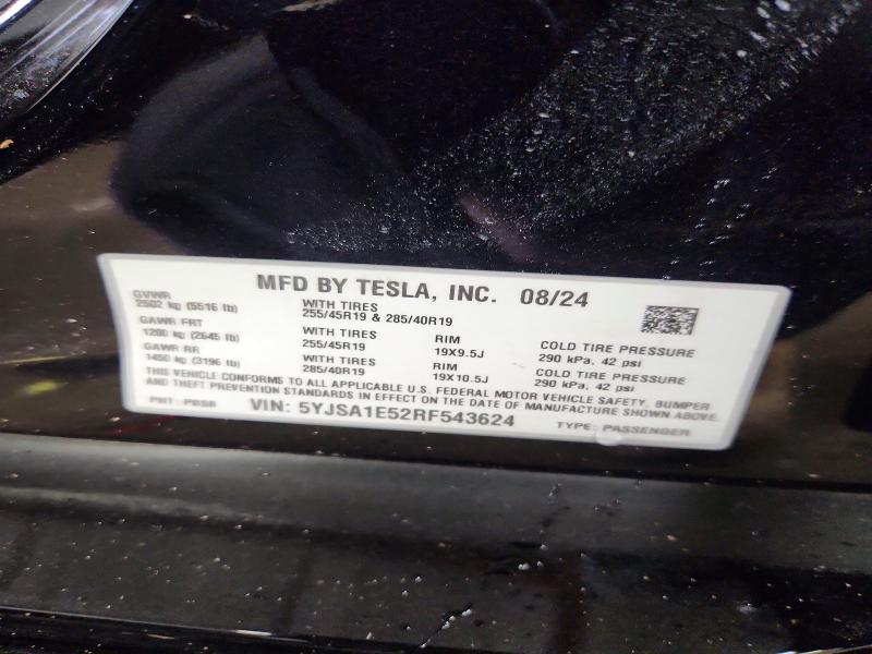 2024 Tesla Model S მანქანა იყიდება აუქციონზე, vin: 5YJSA1E52RF543624, აუქციონის ნომერი: 58213366