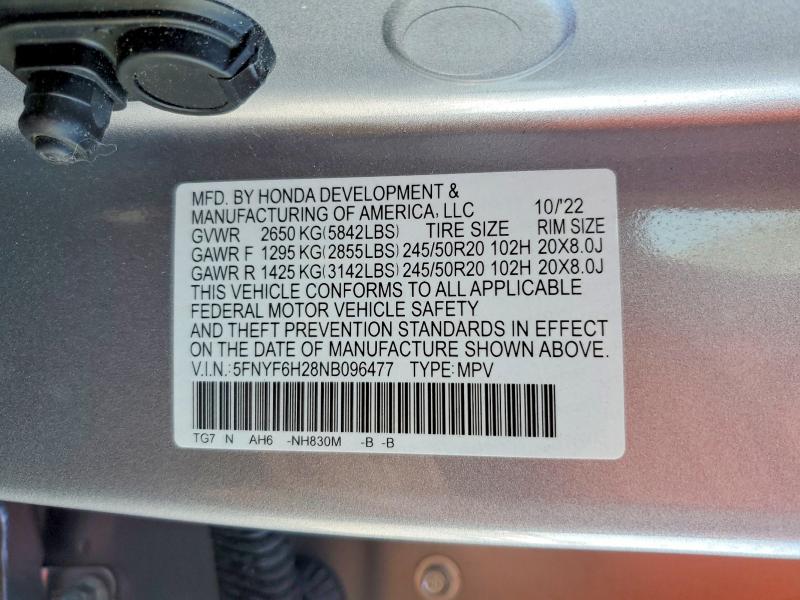 2022 Honda Pilot მანქანა იყიდება აუქციონზე, vin: 5FNYF6H28NB096477, აუქციონის ნომერი: 56427376