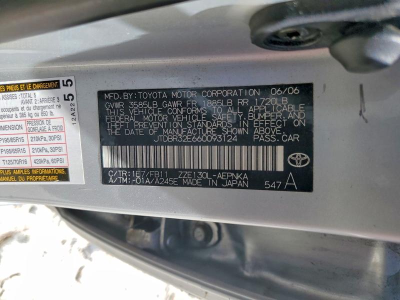 2006 Toyota Corolla მანქანა იყიდება აუქციონზე, vin: JTDBR32E660093124, აუქციონის ნომერი: 55648796