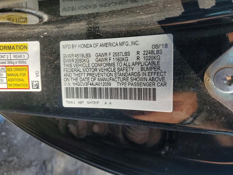 Продаж на аукціоні авто 2018 Honda Accord, vin: 1HGCV3F44JA012059, номер лоту: 56863556