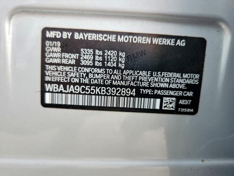 Aukcja sprzedaży 2019 Bmw 5 Series 530e Xdrive, vin: WBAJA9C55KB392894, numer aukcji: 56529066