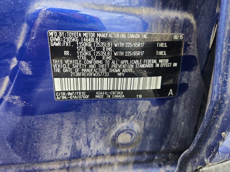 57715436 :رقم المزاد ، 2T3BFREV0FW357733 vin ، 2015 Toyota Rav4 مزاد بيع