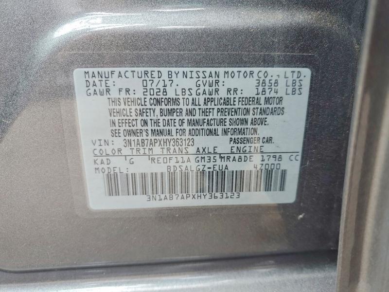 Продажа на аукционе авто 2017 Nissan Sentra, vin: 3N1AB7APXHY363123, номер лота: 55404876