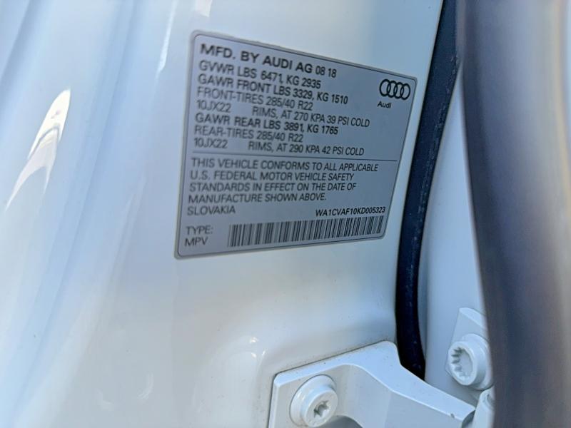 2019 Audi Q8 მანქანა იყიდება აუქციონზე, vin: WA1CVAF10KD005323, აუქციონის ნომერი: 57575056