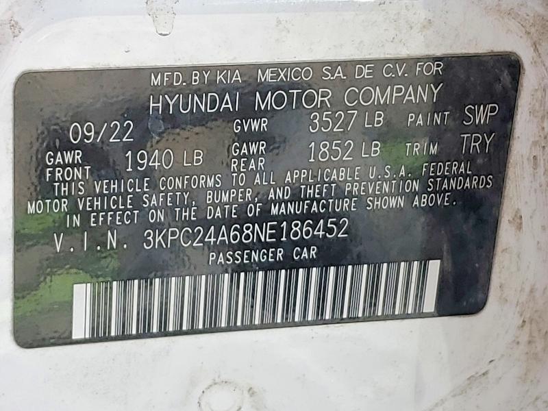 2022 Hyundai Accent მანქანა იყიდება აუქციონზე, vin: 3KPC24A68NE186452, აუქციონის ნომერი: 58513156