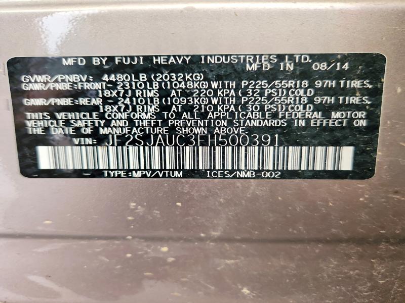 Aukcja sprzedaży 2015 Subaru Forester, vin: JF2SJAUC3FH500391, numer aukcji: 58708496