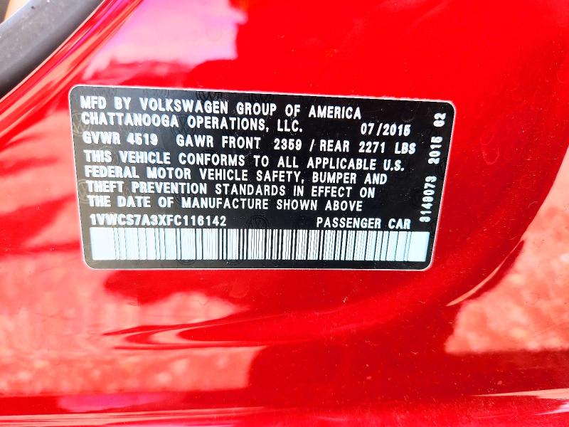 Aukcja sprzedaży 2015 Volkswagen Passat, vin: 1VWCS7A3XFC116142, numer aukcji: 53665926