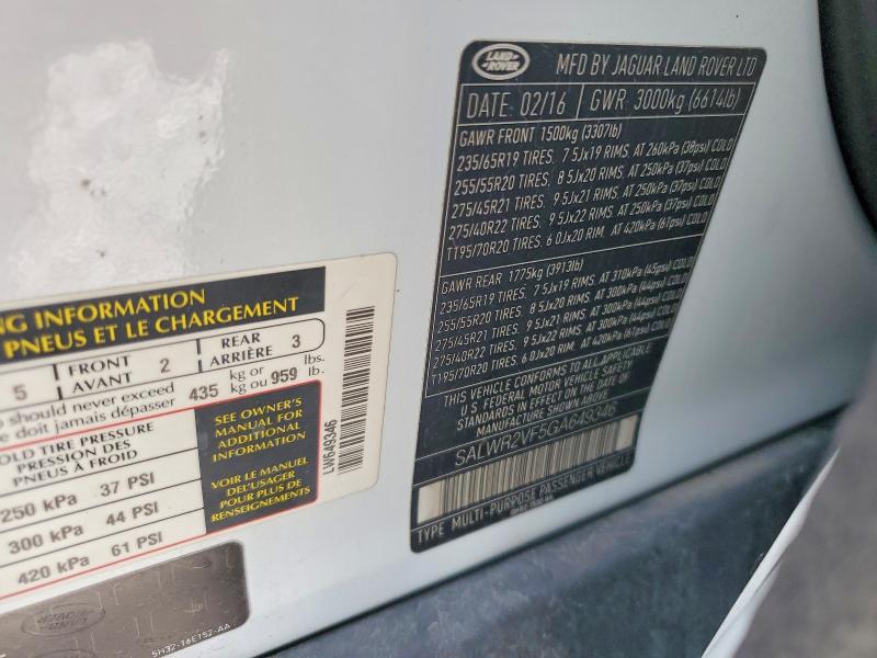 2016 Land Rover Range Rover Sport მანქანა იყიდება აუქციონზე, vin: SALWR2VF5GA649346, აუქციონის ნომერი: 56673996