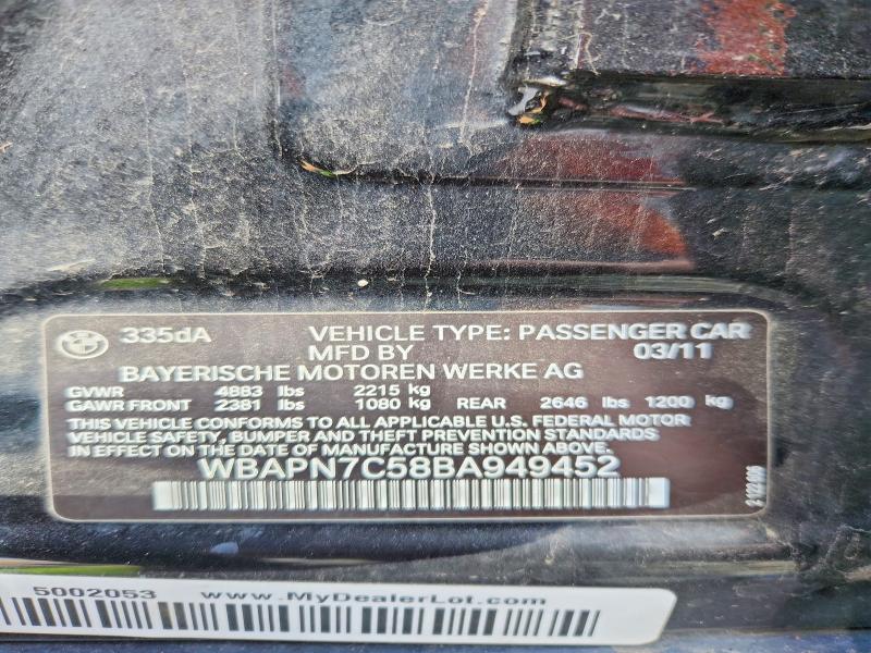 2011 Bmw 335 მანქანა იყიდება აუქციონზე, vin: WBAPN7C58BA949452, აუქციონის ნომერი: 55992166