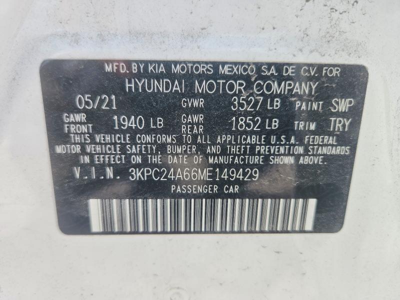 Aukcja sprzedaży 2021 Hyundai Accent, vin: 3KPC24A66ME149429, numer aukcji: 57847756
