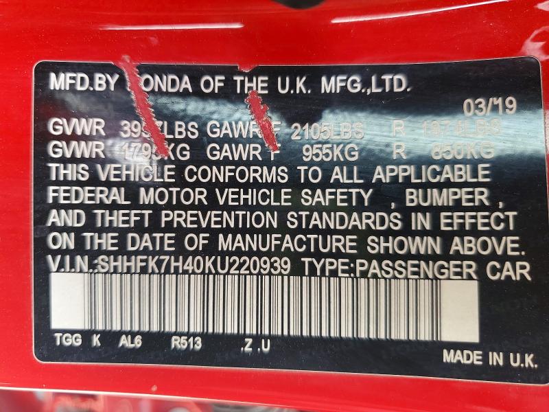 58934946 :رقم المزاد ، SHHFK7H40KU220939 vin ، 2019 Honda Civic مزاد بيع