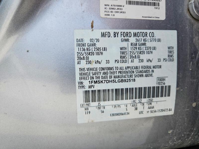 2020 Ford Explorer მანქანა იყიდება აუქციონზე, vin: 1FMSK7DH5LGB92518, აუქციონის ნომერი: 59185576