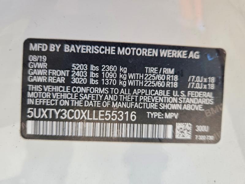 2020 Bmw X3 მანქანა იყიდება აუქციონზე, vin: 5UXTY3C0XLLE55316, აუქციონის ნომერი: 55552176