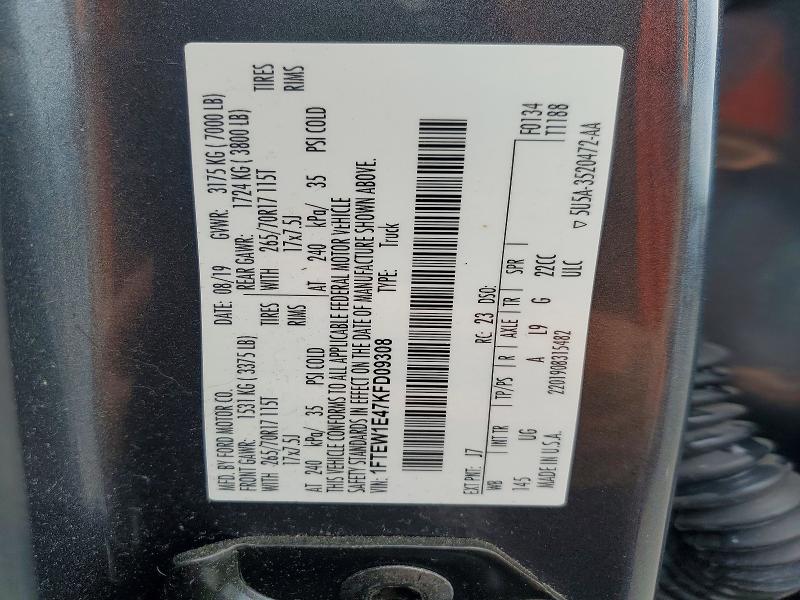 54972016 :رقم المزاد ، 1FTEW1E47KFD09308 vin ، 2019 Ford F150 مزاد بيع