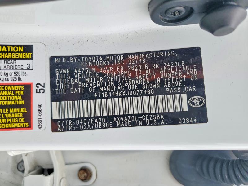 Aukcja sprzedaży 2018 Toyota Camry, vin: 4T1B11HKXJU077160, numer aukcji: 57931886