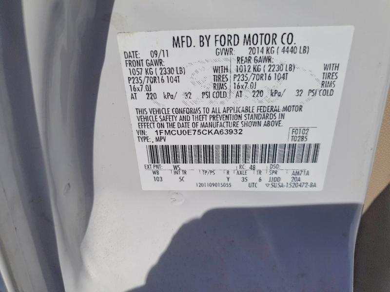 2012 Ford Escape მანქანა იყიდება აუქციონზე, vin: 1FMCU0E75CKA63932, აუქციონის ნომერი: 55971076
