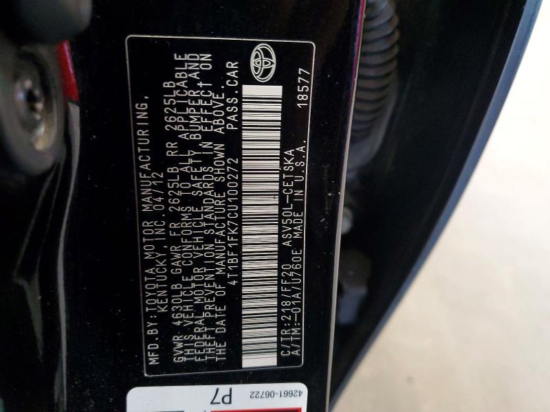 Продаж на аукціоні авто 2012 Toyota Camry, vin: 4T1BF1FK7CU100272, номер лоту: 56170976