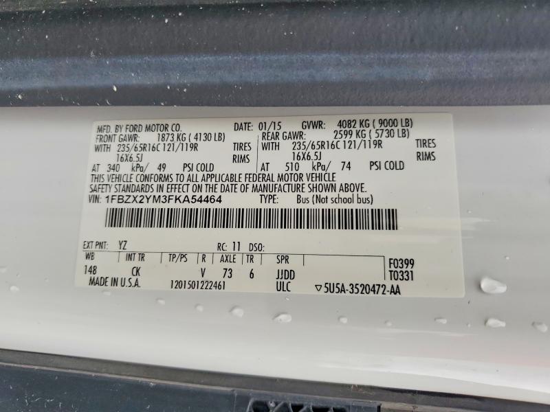 2015 Ford Transit მანქანა იყიდება აუქციონზე, vin: 1FBZX2YM3FKA54464, აუქციონის ნომერი: 57882706
