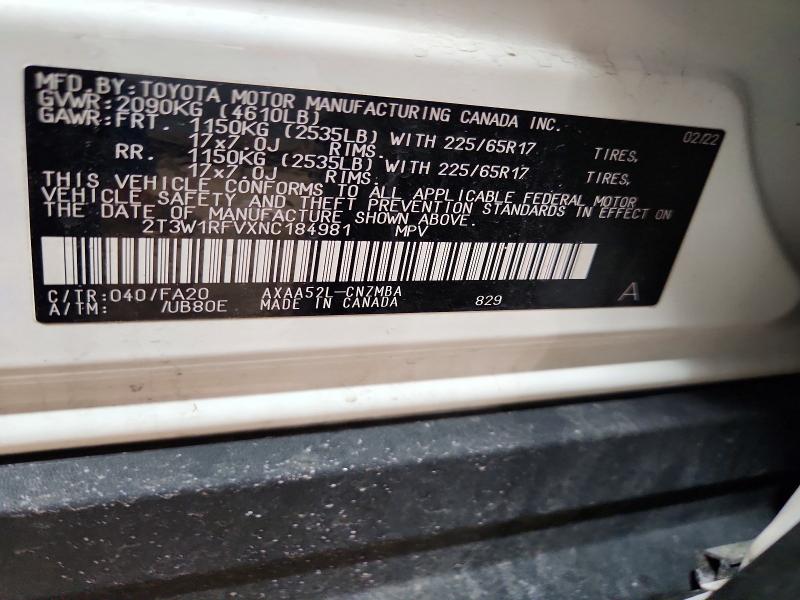56485126 :رقم المزاد ، 2T3W1RFVXNC184981 vin ، 2022 Toyota Rav4 مزاد بيع