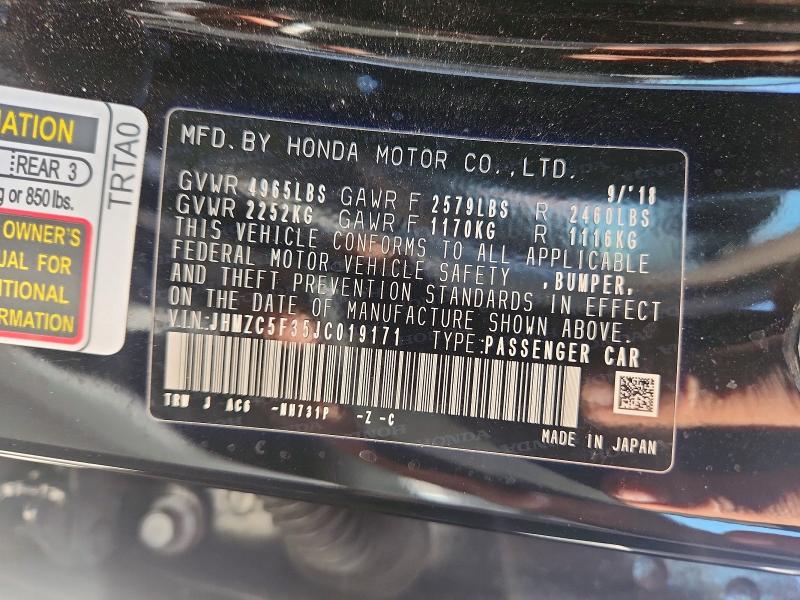 59198776 :رقم المزاد ، JHMZC5F35JC019171 vin ، 2018 Honda Clarity مزاد بيع