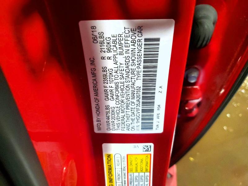 57001936 :رقم المزاد ، 1HGCV1F35JA207552 vin ، 2018 Honda Accord مزاد بيع