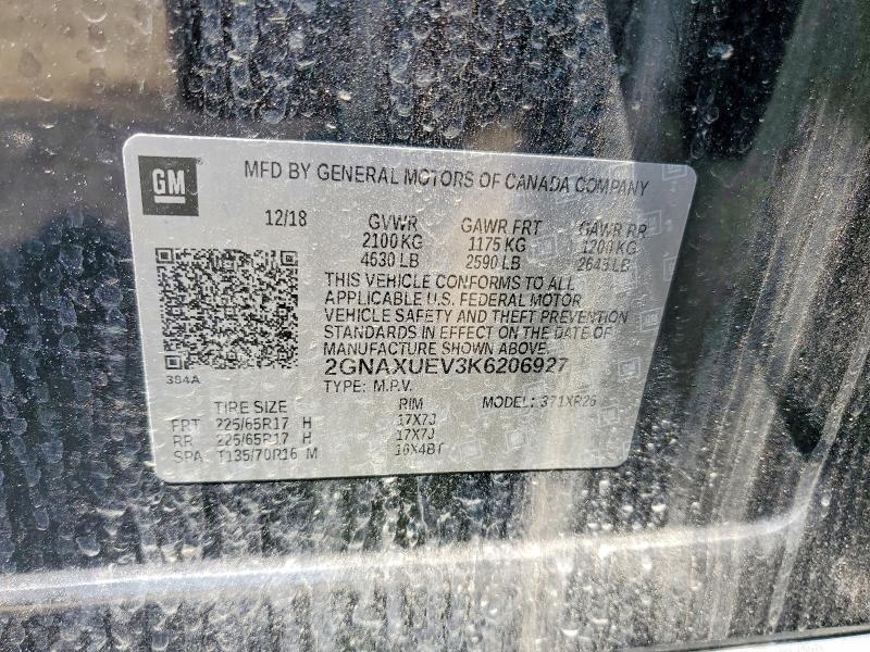 Aukcja sprzedaży 2019 Chevrolet Equinox, vin: 2GNAXUEV3K6206927, numer aukcji: 57481496