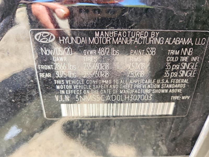 2020 Hyundai Santa Fe მანქანა იყიდება აუქციონზე, vin: 5NMS5CAD0LH302003, აუქციონის ნომერი: 57630136