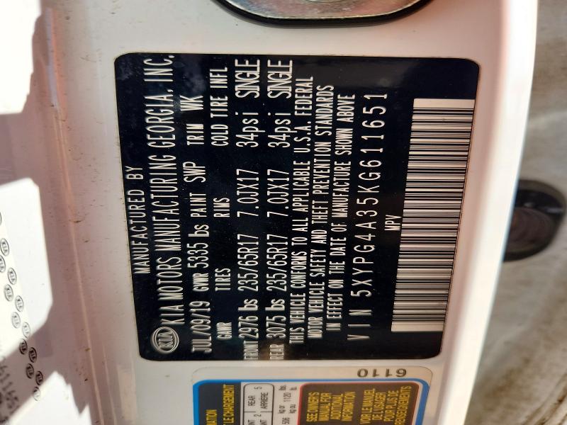 52195556 :رقم المزاد ، 5XYPG4A35KG611651 vin ، 2019 Kia Sorento مزاد بيع