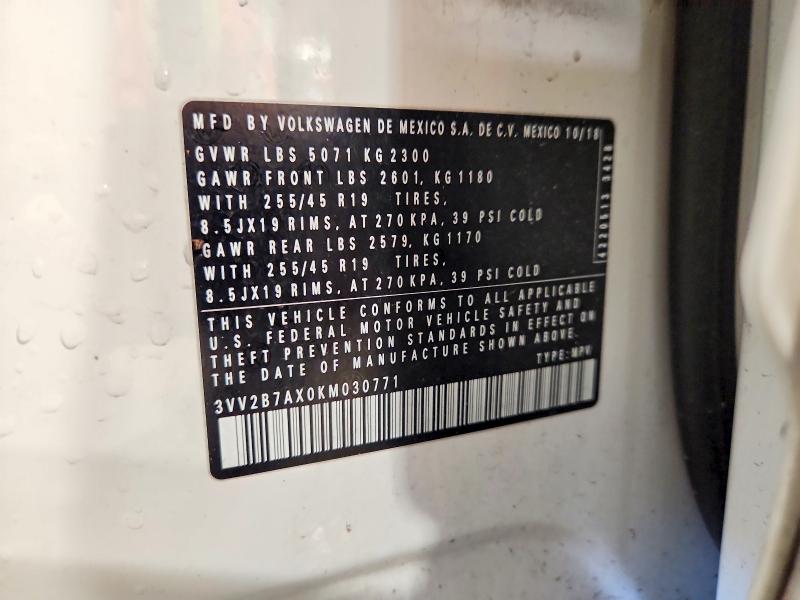 Продаж на аукціоні авто 2019 Volkswagen Tiguan, vin: 3VV2B7AX0KM030771, номер лоту: 55872436