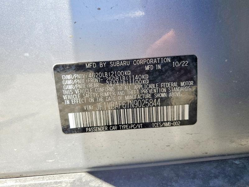 Aukcja sprzedaży 2022 Subaru Wrx, vin: JF1VBAF67N9025844, numer aukcji: 55807246