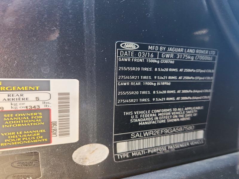 Продажа на аукционе авто 2016 Land Rover Range Rover Sport, vin: SALWR2EF9GA587580, номер лота: 57477386